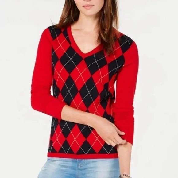 Tommy Hilfiger Women’s Argyle Red Navy Silver V-Neck Sweater Jumper Large - Picture 1 of 16